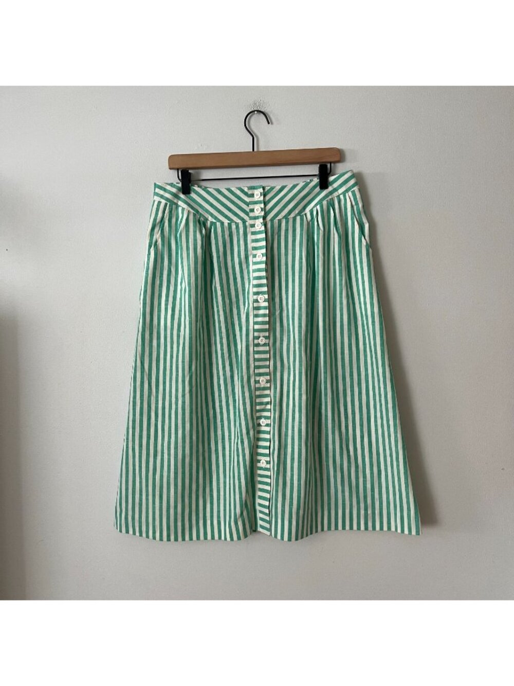 Vintage Pykettes Green & White Striped Button Up Midi Skirt Women's Size 16